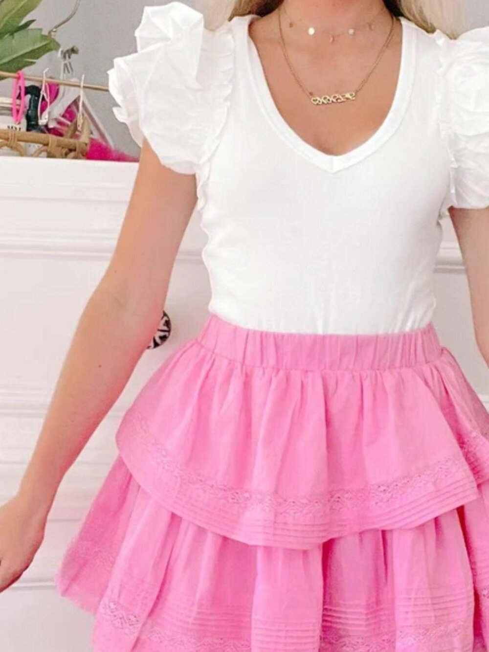 MABLE Mini Skirt Cotton Lace Tiered Ruffle Pink Coquette Barbiecore Small NWOT